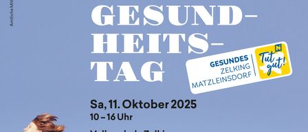 Poster for the Healthy Life Day at Volksschule Zelking on October 11, 2025. It features a woman in a white dress, speaking to the audience. The event includes lectures and workshops on health topics.