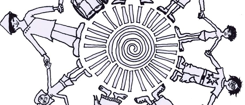Eine Schwarz-Weiß-Zeichnung von Kindern, die sich in einem Kreis um ein Sonnensymbol herum an den Händen halten.