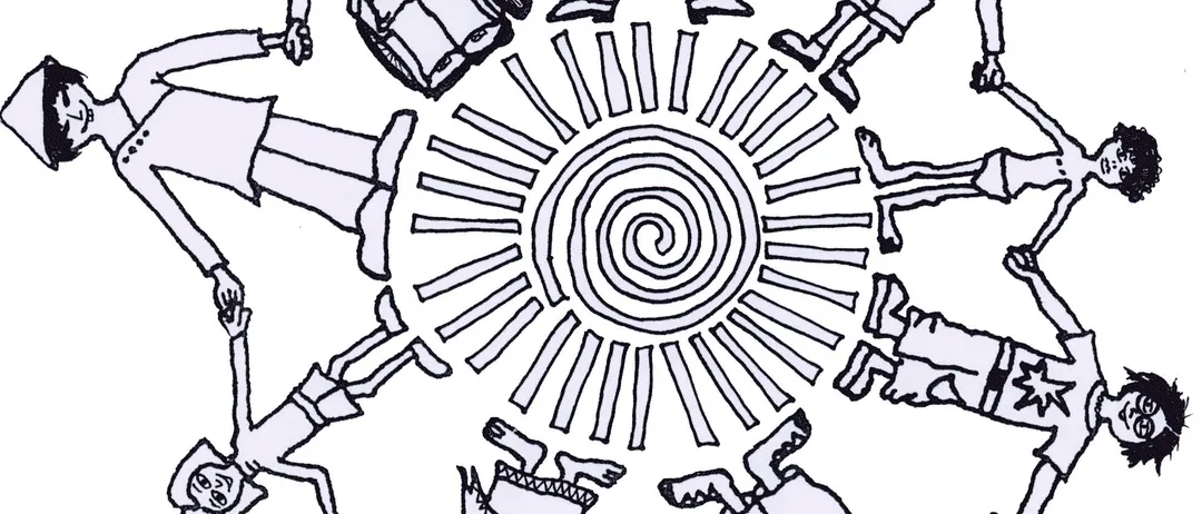 Eine Schwarz-Weiß-Zeichnung von Kindern, die sich in einem Kreis um ein Sonnensymbol herum an den Händen halten.