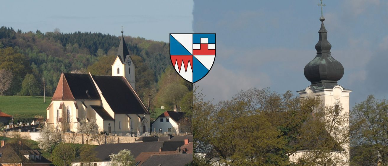 Eine Dorfszene zeigt eine Kirche und Häuser, mit einem Wappen, das ein Kreuz und einen Schild auf der rechten Seite hat.