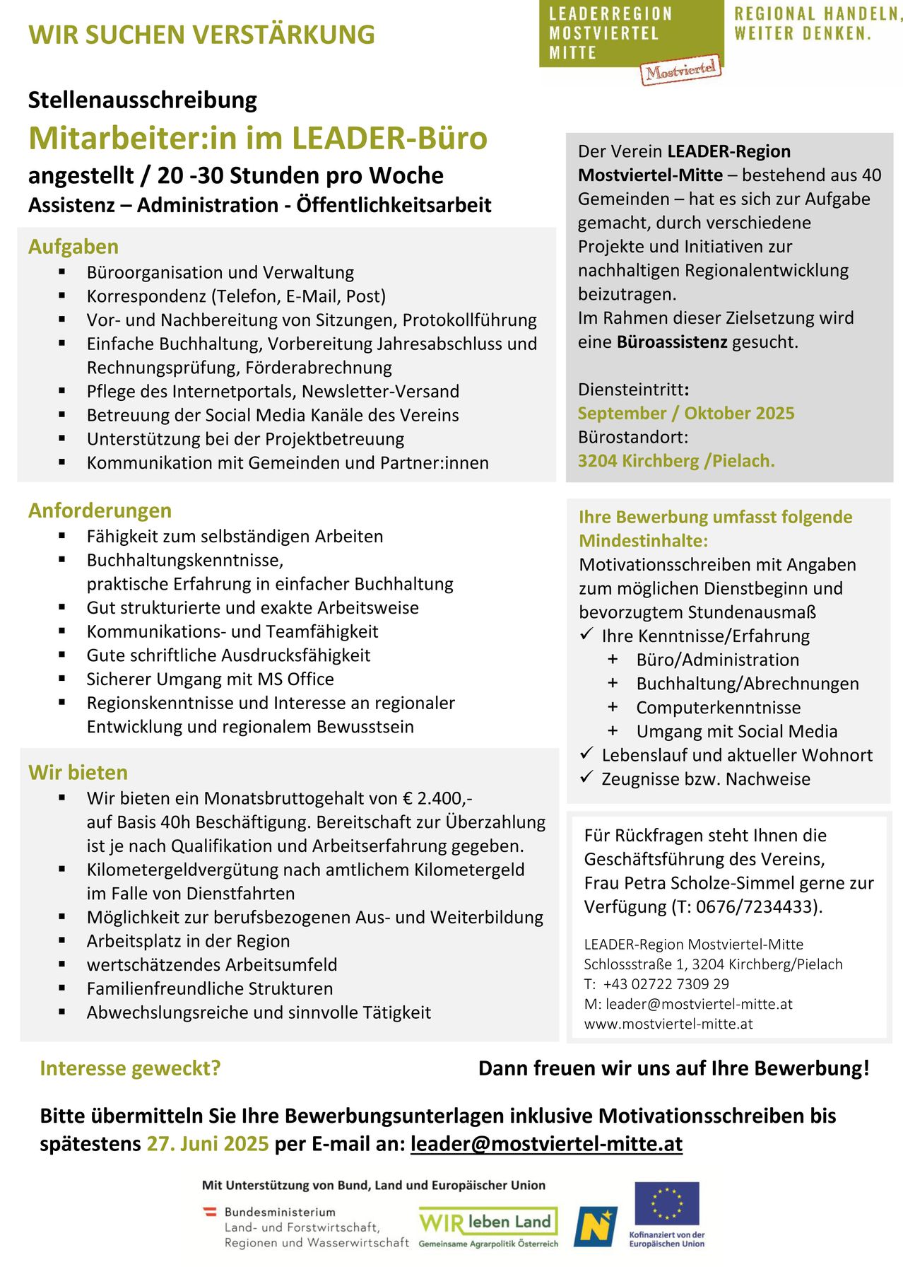 Das Bild beschreibt Aufgaben, Anforderungen und Vorteile einer Stelle als Büroassistent. Aufgaben umfassen Organisation, Verwaltung, Korrespondenz und Social-Media-Management. Anforderungen beinhalten Buchhaltungskenntnisse, MS Office-Fähigkeiten und regionales Wissen. Vorteile umfassen ein monatliches Gehalt, Entfernungsentschädigung und familienfreundliche Richtlinien.