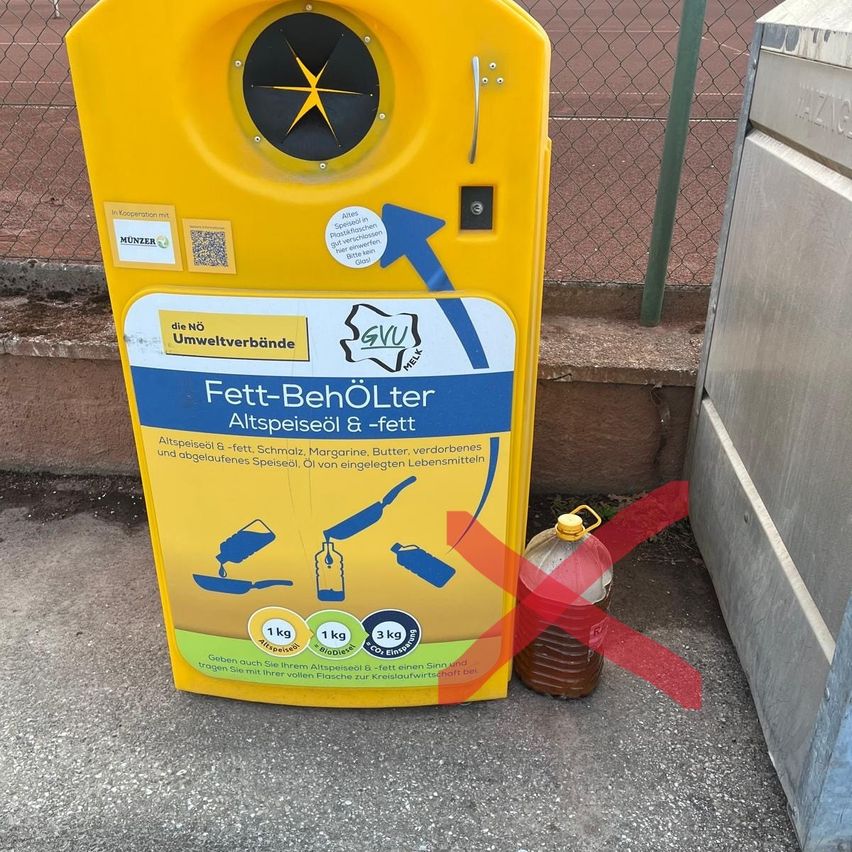 A yellow recycling bin for used cooking oil and fats is on the ground. It has a red cross over a plastic bottle. The bin has labels indicating its purpose and usage instructions.
