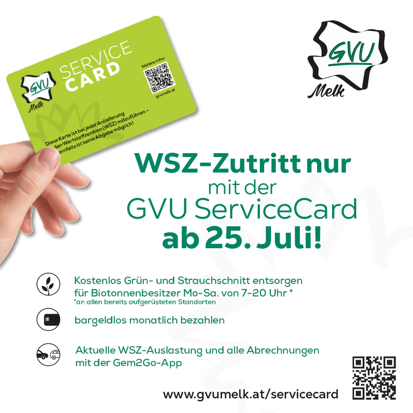 Eine Werbung für die GVU Service Card, die kostenloses grünes und Stroh-Zutritt für Biogasfahrzeugbesitzer montags von 7-20 Uhr anbietet, mit einem QR-Code für weitere Informationen.