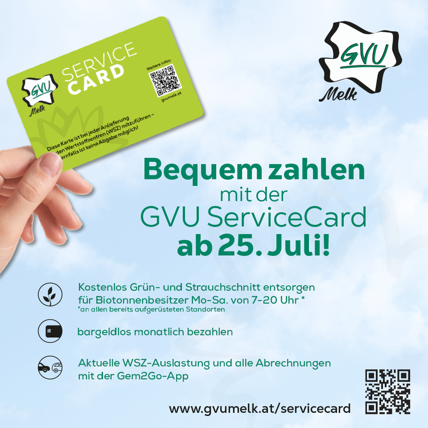 Eine Werbung für die GVU Service Card, eine grüne Karte mit QR-Code, bietet kostenloses Grün- und Strohschneiden für Bioton-Besitzer von Montag bis Samstag von 7-20 Uhr. Sie bietet auch bargeldlose monatliche Zahlungen und Updates zu WSZ-Zulagen und Abzügen über die Gem2Go-App.