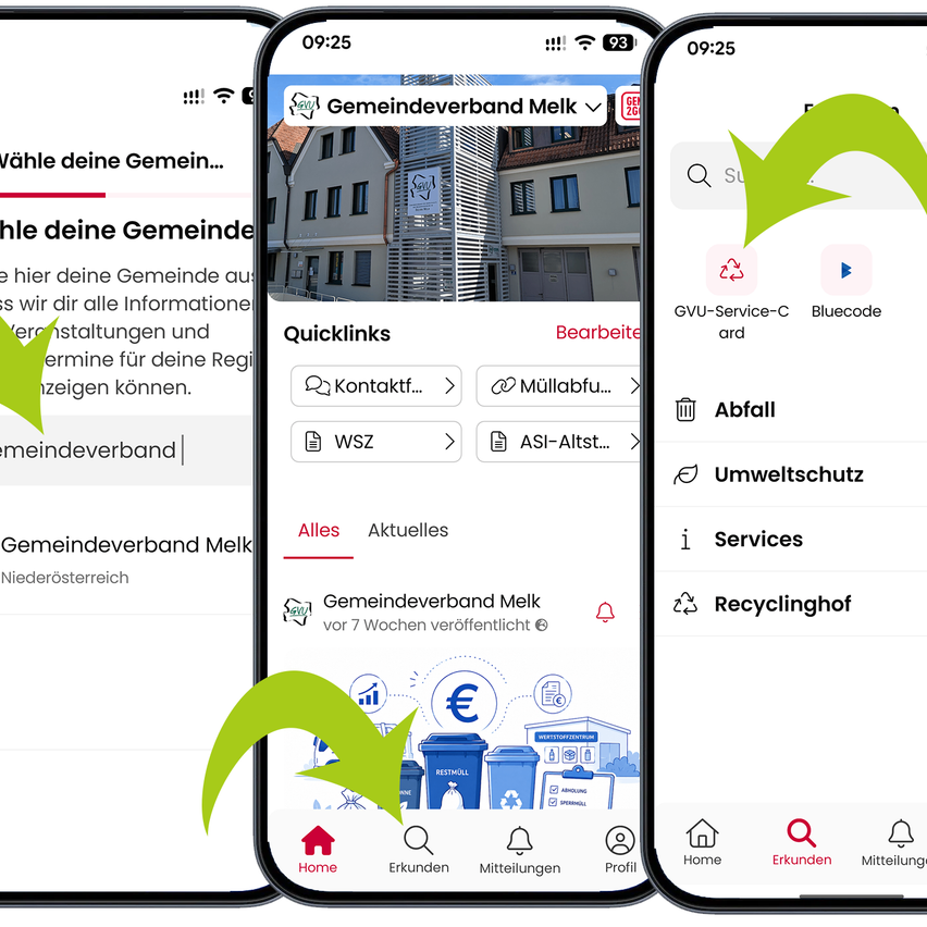 Screenshot einer mobilen App-Oberfläche, die eine Gemeindeverband-App zeigt. Sie enthält Bereiche für Schnellzugriffe, Dienstleistungen und Informationen über einen Gemeindeverband in Melk, Niederösterreich. Die App verfügt über eine Suchleiste, Symbole für verschiedene Dienste und einen Bereich für Recycling-Informationen.