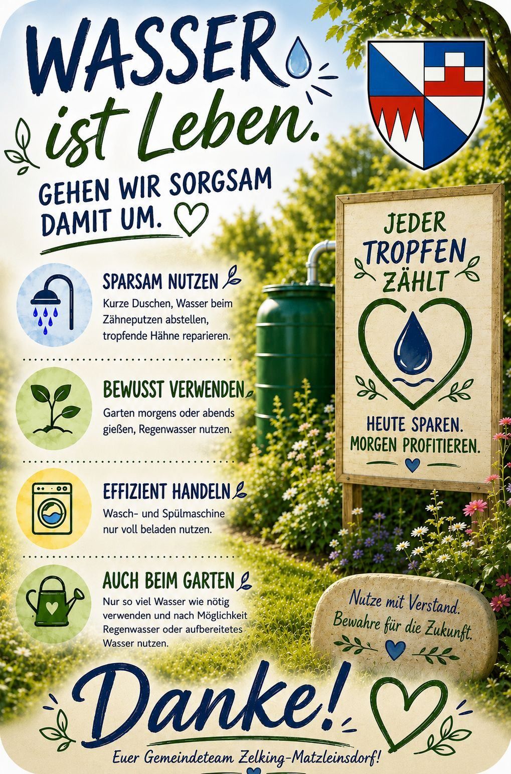 Ein Plakat im Freien mit grünem Hintergrund und verschiedenen Tipps zur Wassereinsparung. Es enthält Anweisungen wie das Reparieren tropfender Wasserhähne, die Verwendung wassersparender Geräte und das Gießen von Gärten morgens oder abends. Ein Holzschild mit Herzform und dem Text 'Jeder Tropfen zählt' ist ebenfalls vorhanden.