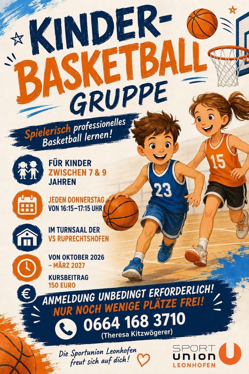 A poster for a basketball group for children aged 7-9, featuring two kids playing basketball. The poster includes details such as the date, time, location, and cost.