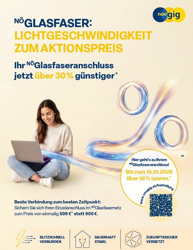 NÖGlasfaser-Werbung mit Frau am Laptop und Prozentzeichen aus Glasfaser