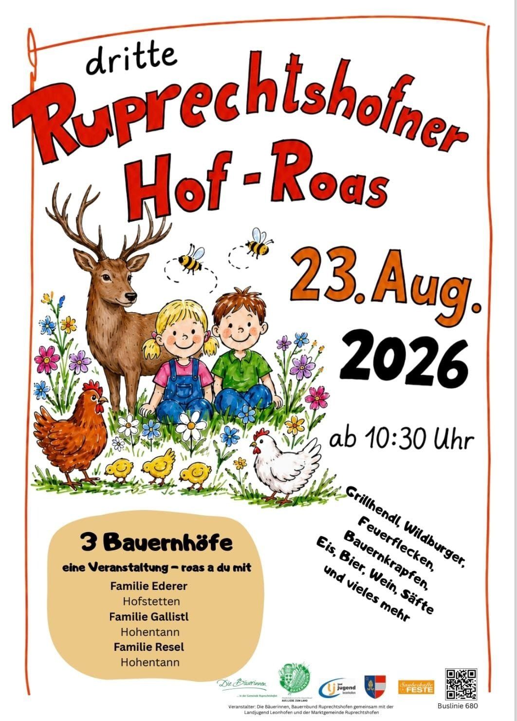 An event poster for 'Ruprechtshofner Hof-Roas' on August 23, 2026, featuring children, animals, and a farm setting. It includes details like time and additional attractions.