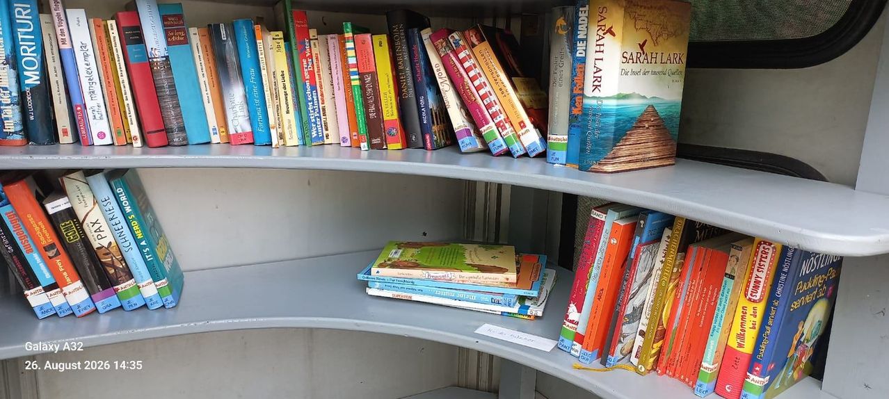 A bookshelf filled with children's books, including titles like 'Der kleine Prinz' and 'Die Insel der Vögel'. The books are arranged in rows, with some stacked on top of each other.