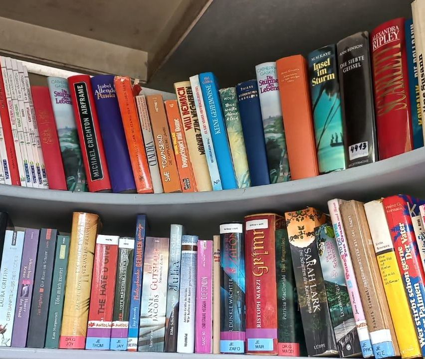 A bookshelf filled with various books, including titles like 'The Hate U Give', 'The Kite Runner', and 'The Alchemist'. The books are arranged in rows, with some titles partially visible. The shelf is well-organized, and the books are neatly stacked.