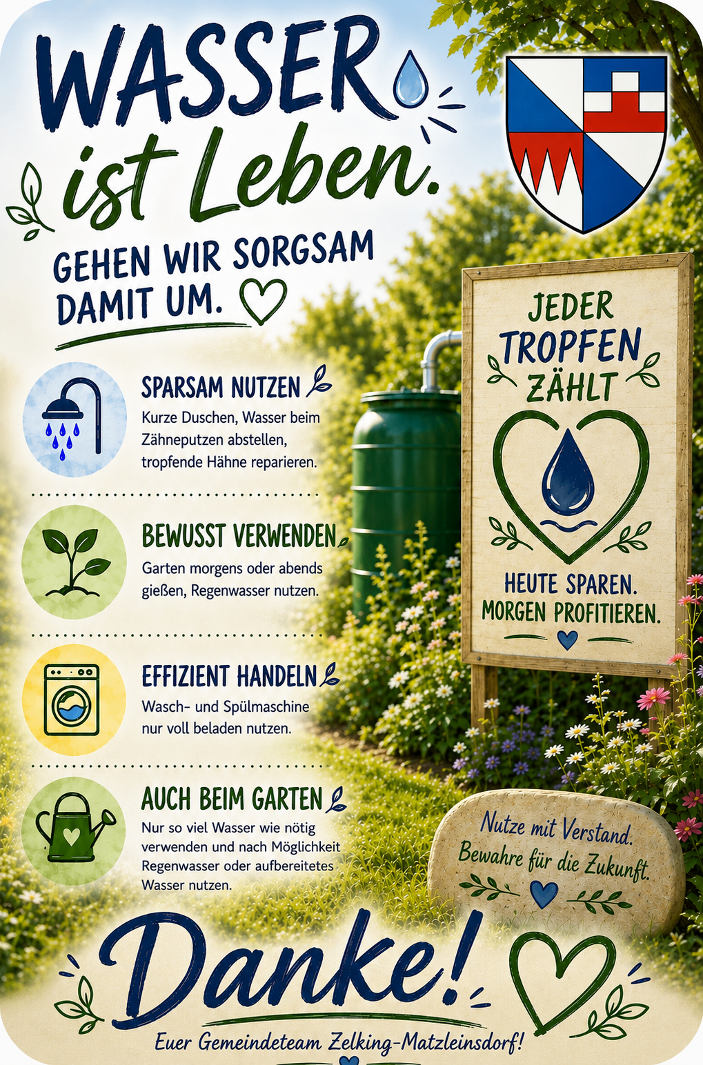 Poster mit Tipps zur Wassereinsparung. Es enthält Ratschläge wie kürzere Duschen und das Reparieren tropfender Wasserhähne. Es fördert auch die Verwendung von Waschmaschinen nur bei voller Beladung.