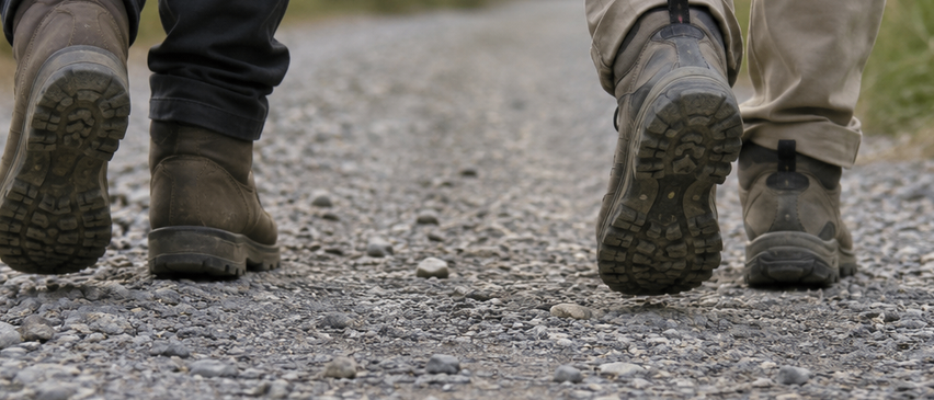 Zwei Personen, die auf einem Kiesweg gehen, einer trägt braune Stiefel und der andere beige Hose und graue Stiefel.