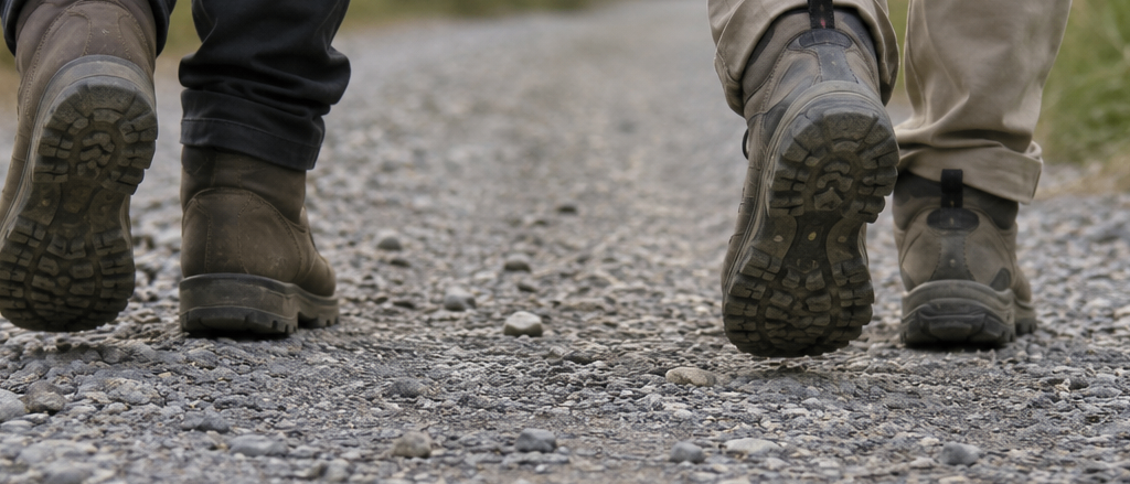 Zwei Personen, die auf einem Kiesweg gehen, einer trägt braune Stiefel und der andere beige Hose und graue Stiefel.