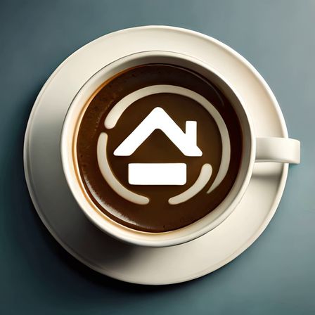 Eine weiße Kaffeetasse mit einem Haus-Symboldesign auf ihrem Schaum, auf einer Untertasse mit blauem Hintergrund platziert.