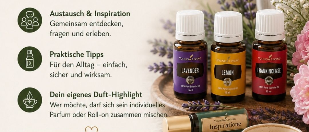 Veranstaltung am 24.06.2026, Marktplatz 5. Genieße Frühstück mit ätherischen Ölen und deren Vorteilen für eine gesunde und sichere Umgebung. Kostenloser Austausch und Inspiration. Praktische Tipps für den Alltag - einfach, sicher und wirksam. Kreiere dein eigenes Duft-Highlight. Ruf an 0151 10 600240.