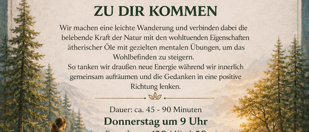 Nehmen Sie an einer Wanderung in der Natur teil, die die belebende Kraft ätherischer Öle mit Meditation verbindet. Erwachsene 2€, Kinder 5€. Dauer: 45-90 Minuten. Donnerstag um 9 Uhr. Anmeldung unter 0151 10 60 92 48.
