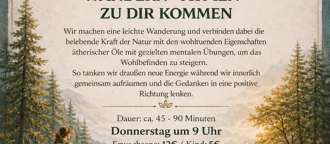 Nehmen Sie an einer Wanderung in der Natur teil, die die belebende Kraft ätherischer Öle mit Meditation verbindet. Erwachsene 2€, Kinder 5€. Dauer: 45-90 Minuten. Donnerstag um 9 Uhr. Anmeldung unter 0151 10 60 92 48.