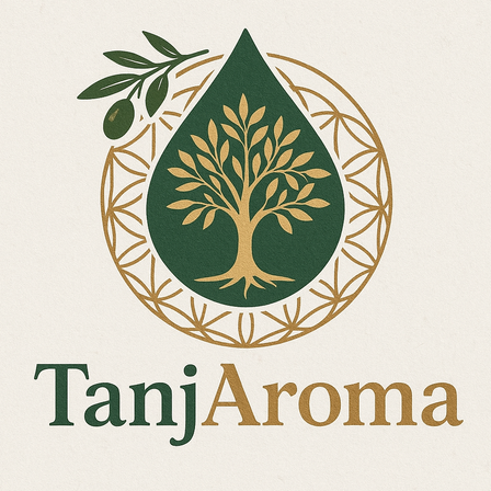 Das Logo einer Firma namens 'TanjAroma' zeigt eine grüne Tropfenform mit einem goldenen Baum darin und Olivenblättern. Der Baum hat einen goldenen Umriss. Der Firmenname ist in einer fettgedruckten, eleganten Schrift geschrieben.