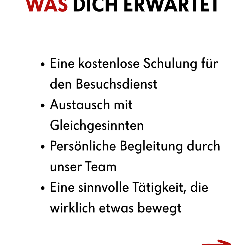Ein weißer Poster mit rotem Text 'WAS DICH ERWARTET' listet vier Punkte auf: kostenlose Schulung für den Kundenservice, Austausch mit Gleichgesinnten, persönliche Begleitung durch unser Team und eine sinnvolle Tätigkeit, die wirklich etwas bewirkt.