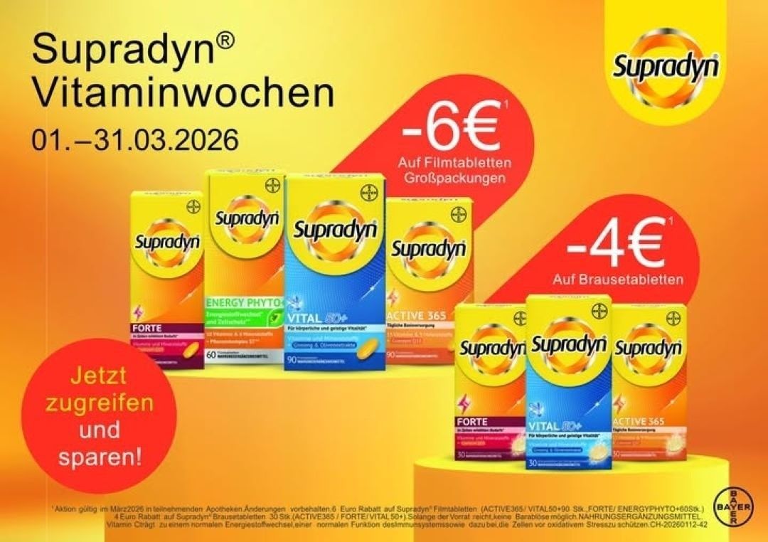 An advertisement for Suprodyn tablets. It shows a Euro discount for film tablets and a larger discount for bulk packs. The discount is valid until March 1, 2026.