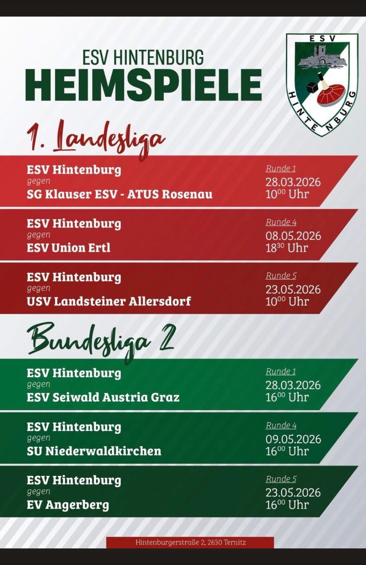 Das Bild zeigt den Sportplan für ESV Hintenburg, der zwei Ligen umfasst: 1. Landesliga und Bundesliga 2. Geplant sind Spiele gegen SG Klauser ESV, ESV Union Erl, USV Landsteiner Allersdorf, ESV Seiwald Austria Graz und SU Niederwaldkirchen. Termine und Zeiten sind angegeben.