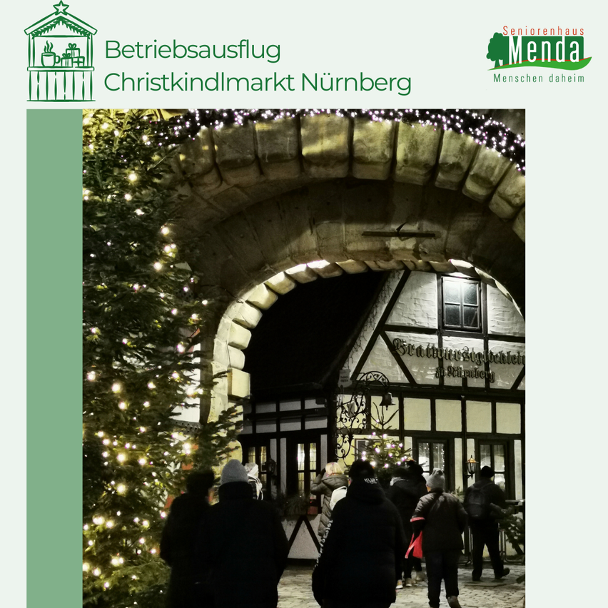 Ein Bild von einer Gruppe gut gekleideter Menschen, die unter einem von Weihnachtslichtern beleuchteten Tor gehen und zu einem Haus mit einem Baum davor führen.