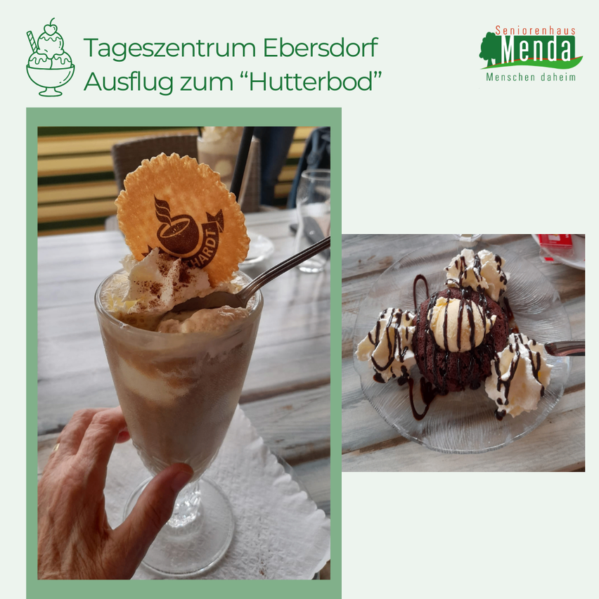 Eine Hand hält ein Glas mit Eiscreme und einer Kaffeewaffel. Ein anderes Foto zeigt ein Dessert mit Eiscreme und Schokoladensauce.