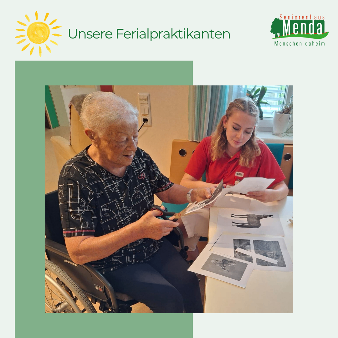 Ein älterer Mann im Rollstuhl schneidet ein Bild eines Pferdes aus, während eine junge Frau zusieht.