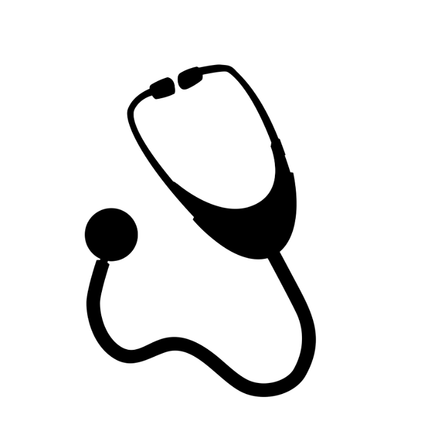 Eine schwarze Silhouette eines Stethoskops, ein medizinisches Instrument zum Hören von Geräuschen im Körper, auf weißem Hintergrund dargestellt.