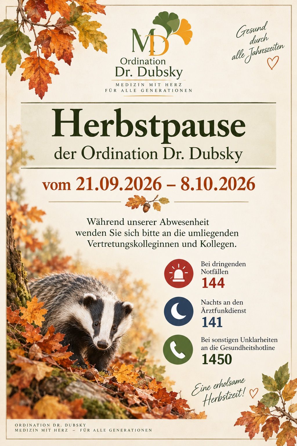 Plakat zur Bekanntgabe der Herbstpause von Dr. Dubsky vom 21.09.2026 bis 8.10.2026. In dieser Zeit sollten Patienten den Notfall- und Nachtarzt oder die Gesundheitshotline kontaktieren.