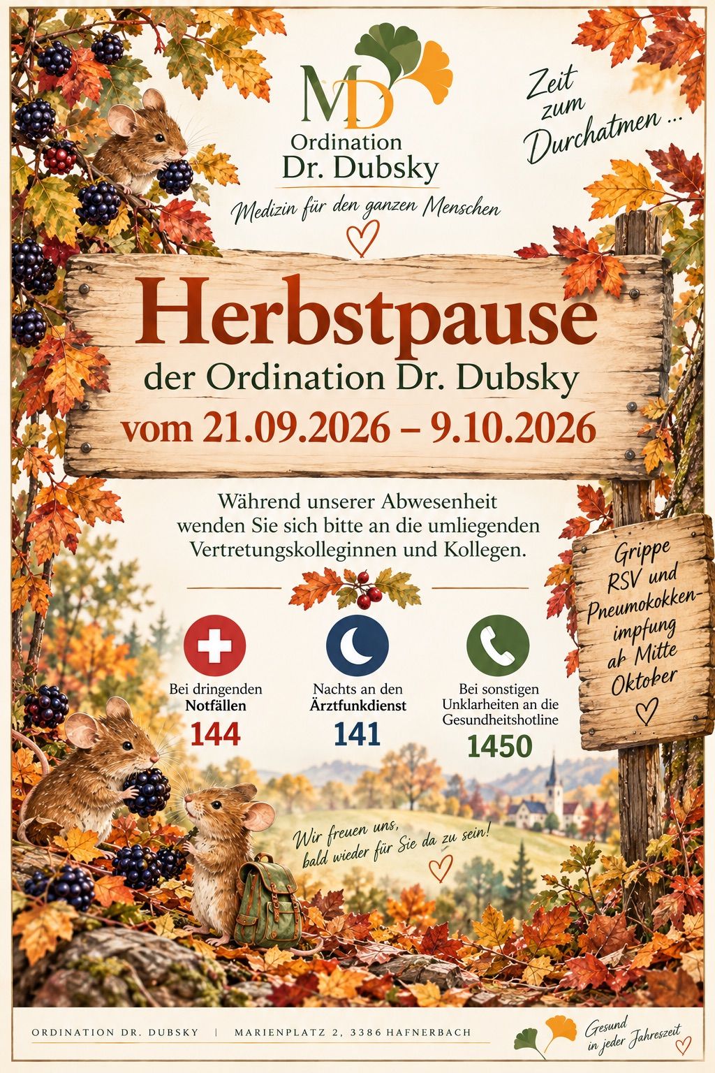 Plakat, das die Herbstpause der Ordination Dr. Dubsky vom 21.09.2026 bis 09.10.2026 ankündigt. Es enthält Notfallnummern und weist darauf hin, dass während der Abwesenheit Kollegen und Vertreter kontaktiert werden sollten.