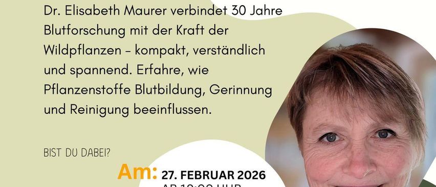 Plakat für einen Vortrag über die Wirkung von Wildpflanzen auf das Blut. Von Dr. Elisabeth Maurer, am 27. Februar 2026 um 19:00 im Cafe 101, 8424 Gabersdor.