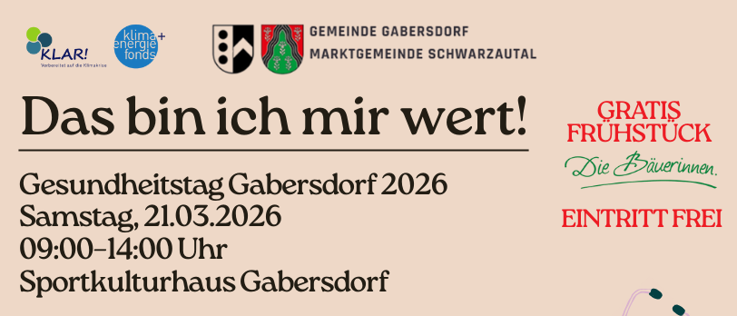 Ein Veranstaltungsposter für den Gesundheitstag Gabersdorf 2026. Datum: Samstag, 21.03.2026, von 09:00 bis 14:00 Uhr. Ort: Sportkulturhaus Gabersdorf. Eintritt frei. Angebote umfassen eine smovey®-Lern- und Praxiseinheit, Sturzprävention und Gesundheitspartner.