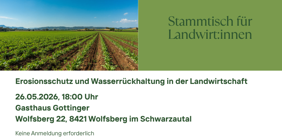 Ein Veranstaltungsposter für Landwirte zu Bodenschutz und Wasserrückhalt. Das Event ist am 05.05.2026 um 18:00 Uhr. Ort: Gasthaus Gottinger, Wolfsberg 22, 8421 Wolfsberg. Anmeldung erforderlich. Fachliche Inputs von Humus+ und Landwirtschaftskammer.