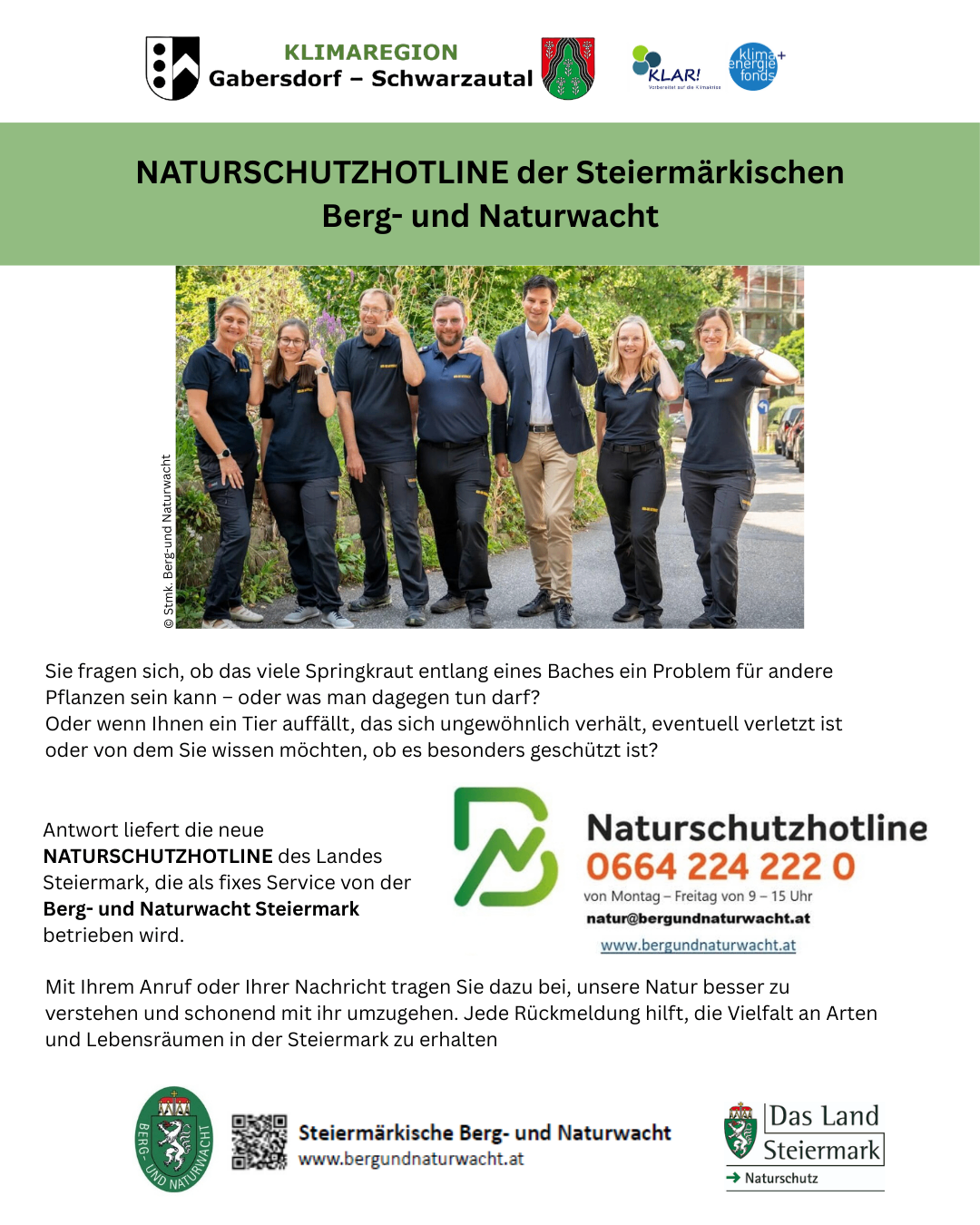 Ein Flyer für die Naturschutzhotline der steirischen Berg- und Naturwacht. Es zeigt eine Gruppe von Menschen mit Logo und Kontaktdaten.