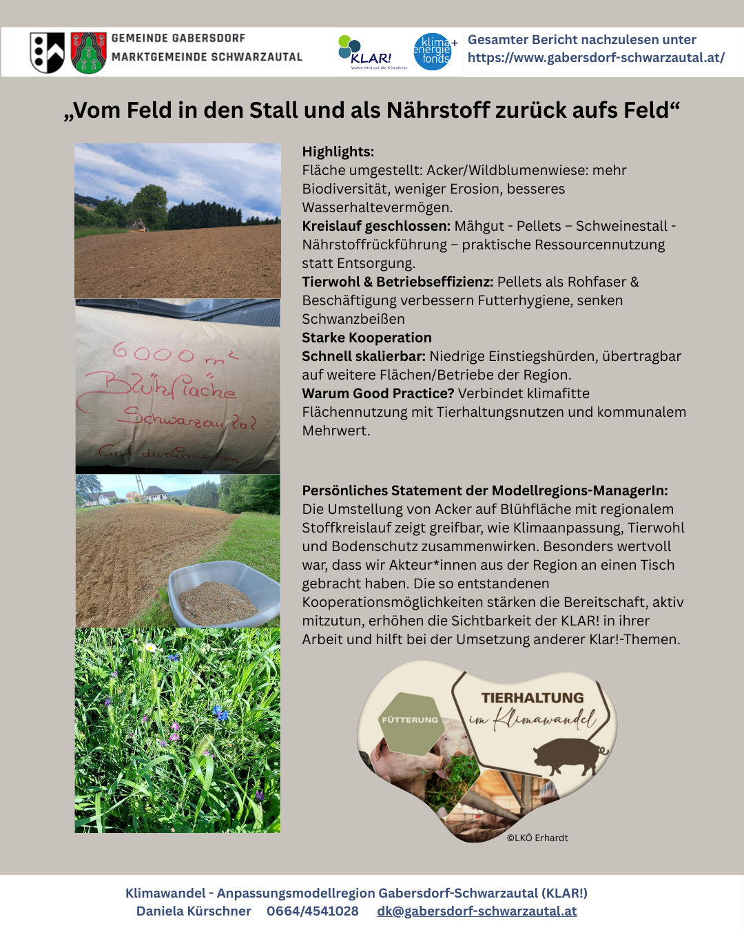 Das Bild zeigt die Vorteile der Umwandlung von Feldern in Wiesen, wie mehr Biodiversität, weniger Erosion und besseres Wassermanagement. Es erwähnt auch die Schließung von Kreislauf und die Verwendung von Pellets für die Düngemittelnutzung. Das Bild betont die Notwendigkeit von Kooperation und nachhaltigen Praktiken in der Landwirtschaft.