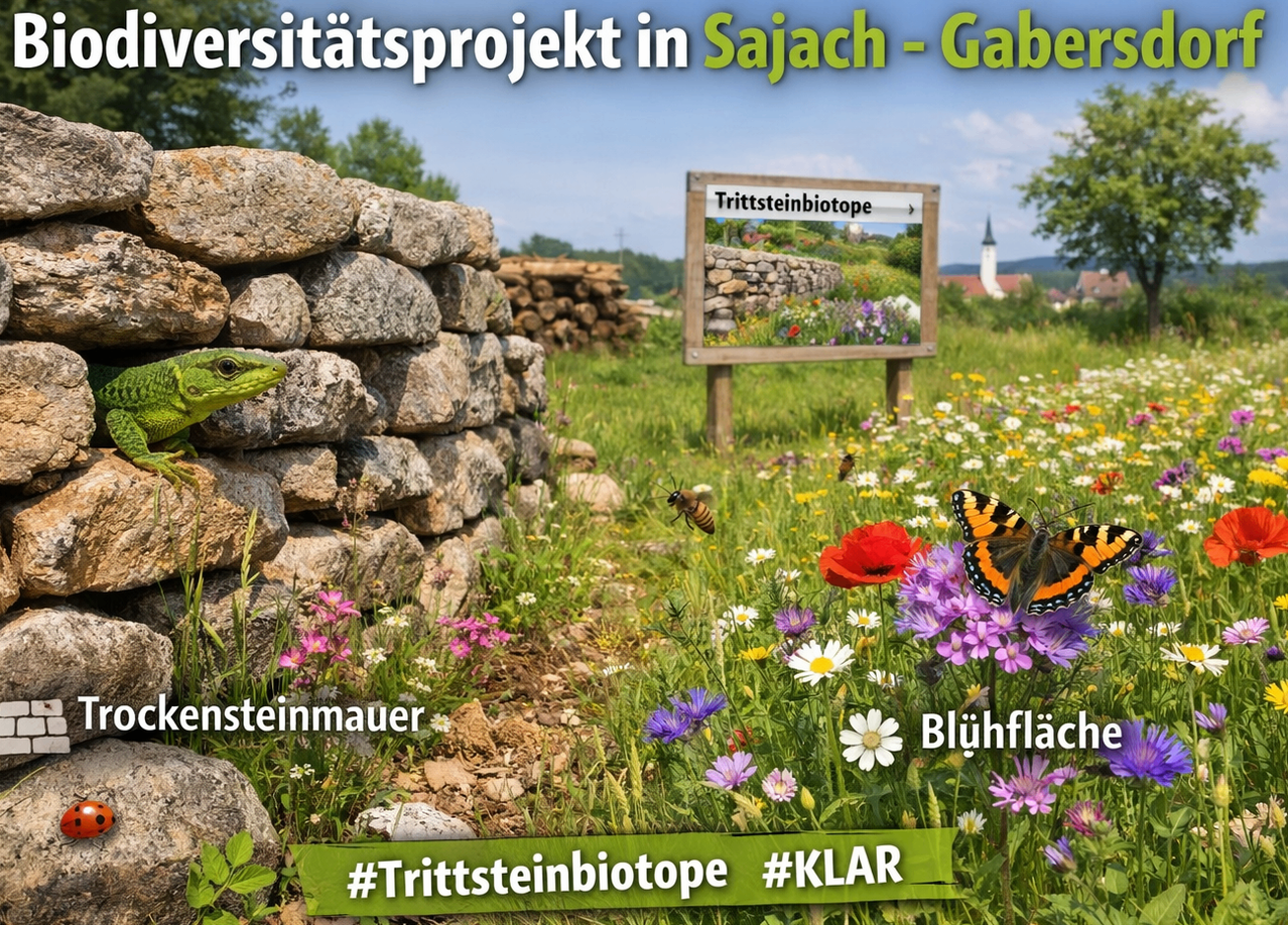 A project poster with flowers and a stone wall in the background. The sign reads 'Trittsteinbiotope'. A butterfly and bee are on the flowers. The image has a green banner at the bottom.
