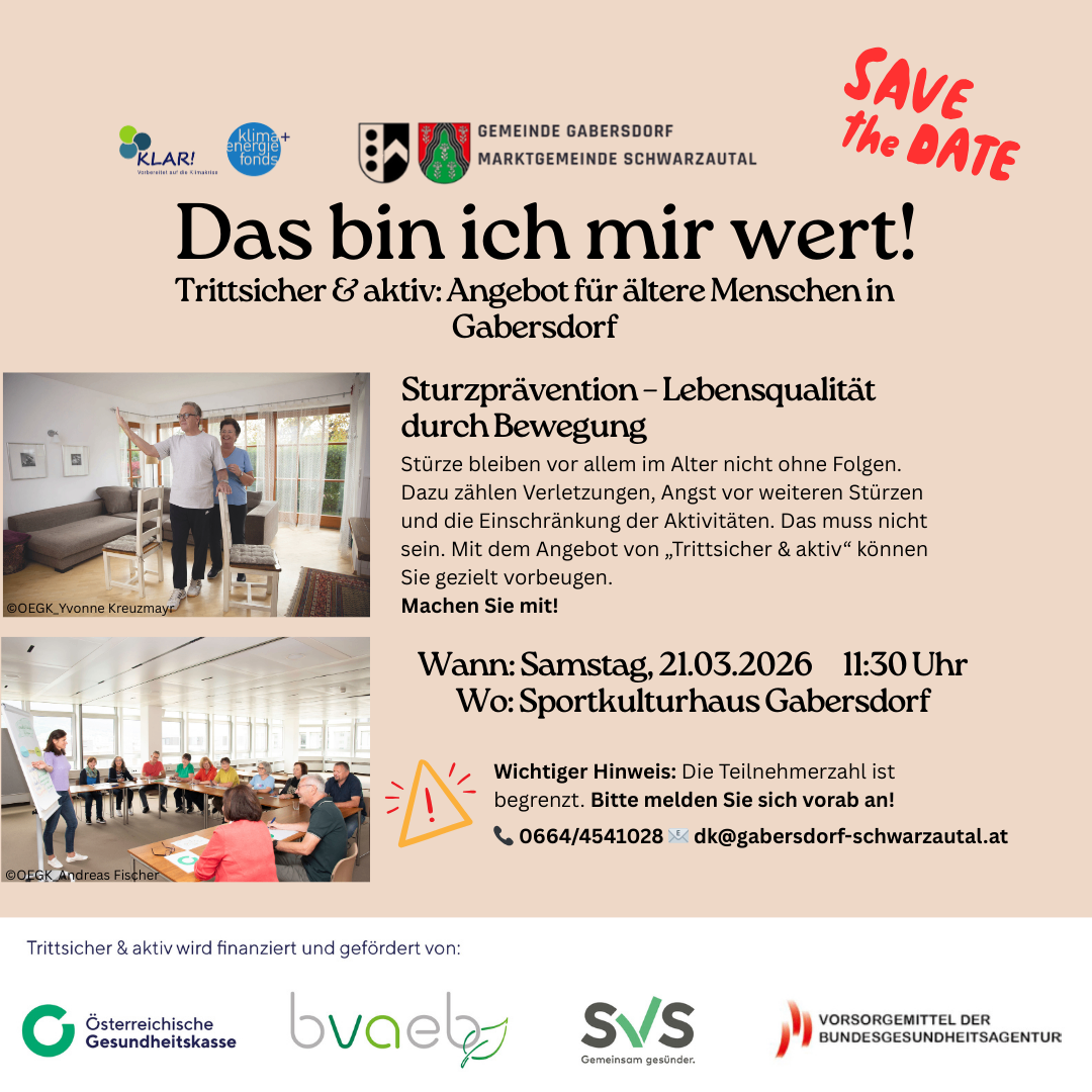Plakat, das ein kostenloses Sturzpräventions- und Aktivitätsangebot für ältere Menschen in Gabersdorf bewirbt. Es enthält Bilder von Menschen beim Trainieren, einen Hinweis auf begrenzte Teilnehmerzahl und Kontaktdaten.