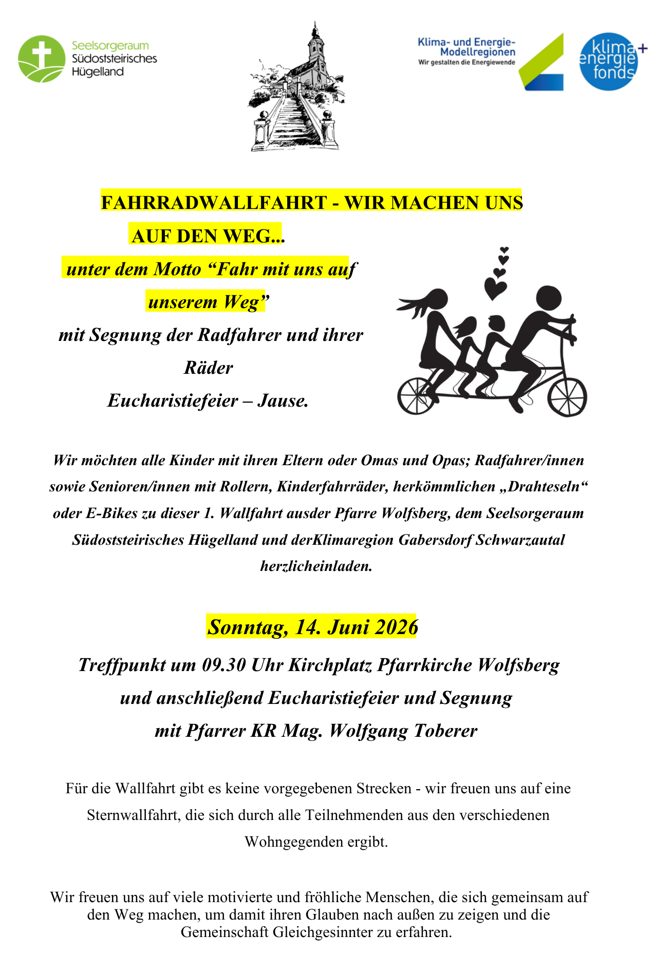 Poster for a family cycling event on June 14, 2026. Participants gather at Wolfsberg Church at 09:30 for Eucharist and a procession with a bicycle. The ride traverses Pfarwolfsberg, Seelsorgeraum, South Styrian Hills, and the climate region of Gabersdorf-Schwarzau. No specific route is planned.