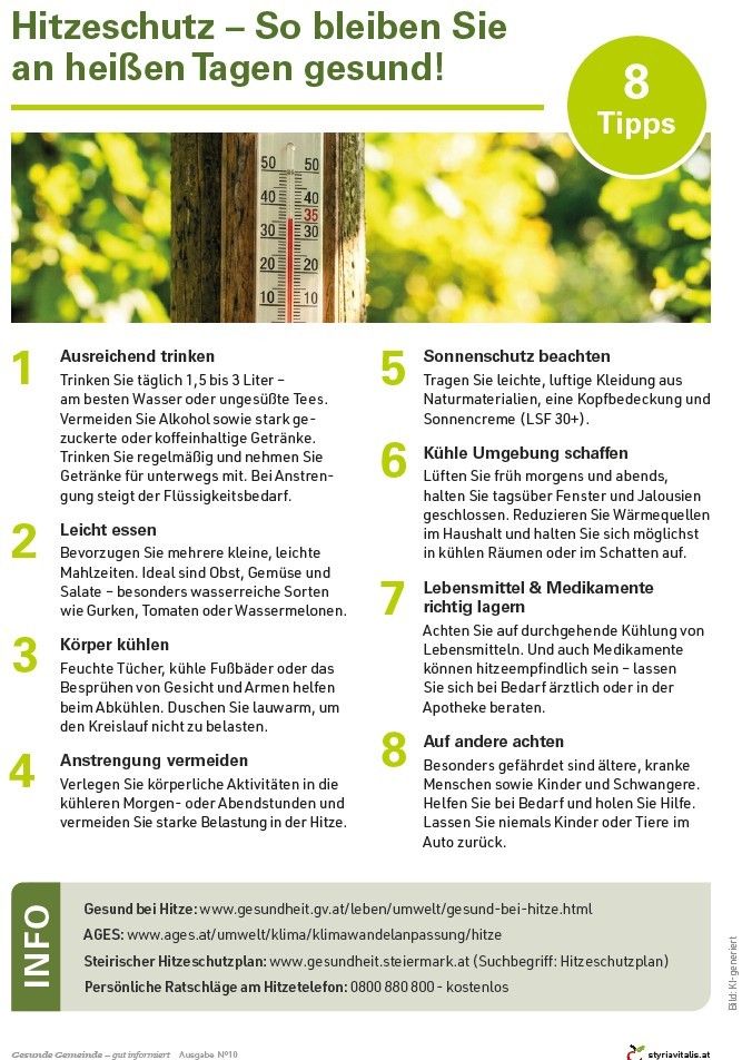 Infografik zeigt Tipps zum Kühlen in der Hitze: Trinken Sie genug Wasser, essen Sie leichte Mahlzeiten, kühlen Sie den Körper mit Tüchern oder Bädern, vermeiden Sie Anstrengung, schaffen Sie kühle Umgebungen, verwenden Sie Sonnenschutz, kühlen Sie Lebensmittel und Medikamente und helfen Sie anderen.