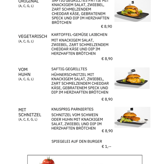 Menü mit gegrillter Patty, knackigem Salat, Zwiebel, scharfem Schmelzkäse, Speck und Dip im herzhaften Brötchen.