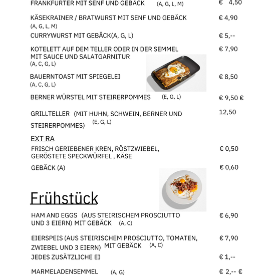 Das Bild zeigt ein Frühstücksmenü mit verschiedenen Optionen wie Schinken und Eier, Bauerntoast und mehr. Die Preise sind neben den Artikeln aufgeführt.