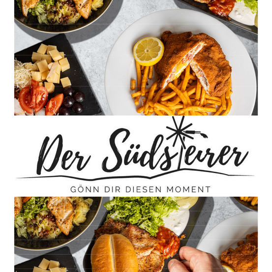 Eine Zusammenstellung verschiedener Gerichte, darunter gebratenes Hähnchen, Pommes Frites und ein Sandwich auf einem Tisch. Das Bild zeigt auch den Text 'Der Sudslever' in Fettschrift.