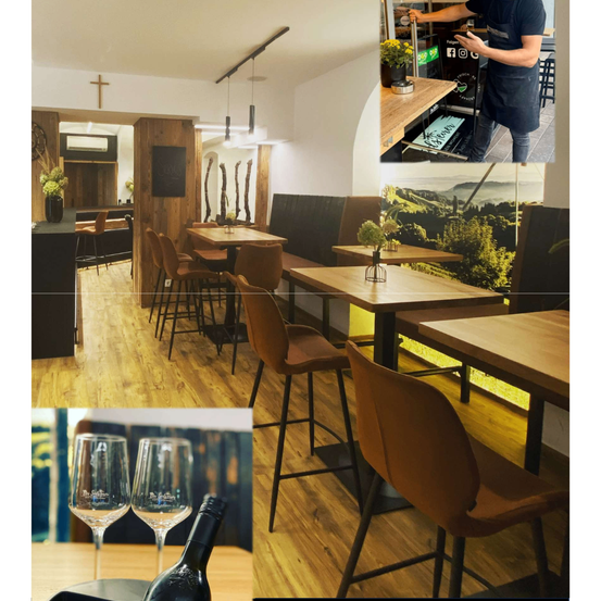 Ein Bildcollage eines Restaurants, das Innenansichten mit Holztischen, Weingläsern und einem Barkeeper zeigt. Es enthält auch einen Blick auf das Äußere und Weinflaschen.