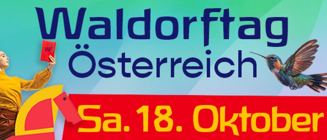 Werbung für ein Dorf in Österreich, Walddorfta Österreich, mit dem Datum Samstag, 18. Oktober in Gelb auf rotem Hintergrund.