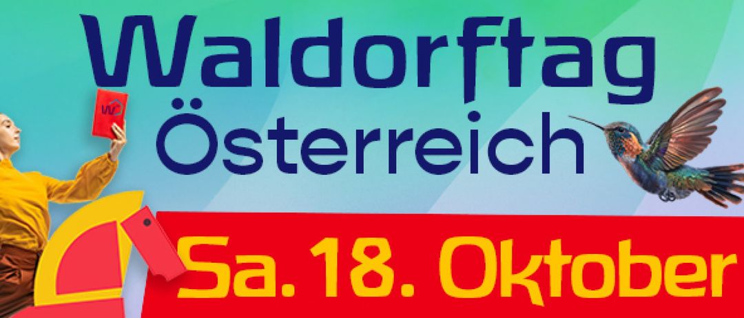 Ein farbenfroher Banner für Waldorfta, Österreich mit dem Datum Samstag, 18. Oktober deutlich angezeigt.