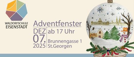 Plakat für das Adventfester-Event. Datum ist 07.12.2025, Zeit 17:00. Ort: Brunnengasse 1, St. Georgen. Illustration zeigt eine verschneite Landschaft mit einem Haus.