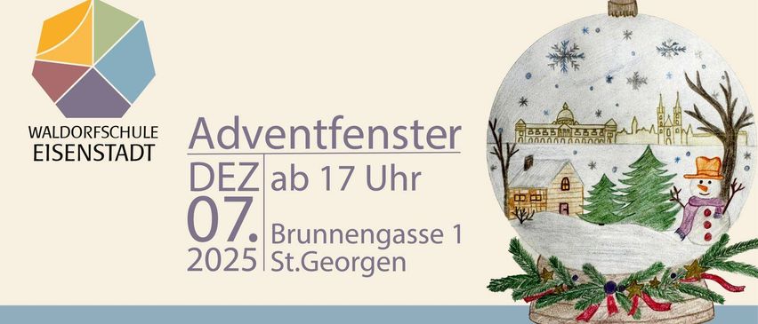 Plakat für das Adventfester-Event. Datum ist 07.12.2025, Zeit 17:00. Ort: Brunnengasse 1, St. Georgen. Illustration zeigt eine verschneite Landschaft mit einem Haus.