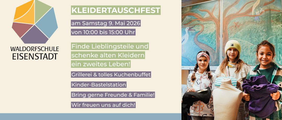 Plakat für einen Kleidertausch-Event am Samstag, 9. Mai 2026, von 10:00 bis 15:00. Es zeigt ein Mädchen mit Kleidung.